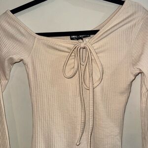 Cream Ribbed Long Sleeve Dress